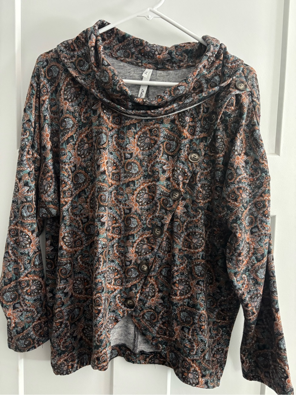 Collection B Paisley Button-Front Cowl Neck Sweater - Black, Brown, Teal